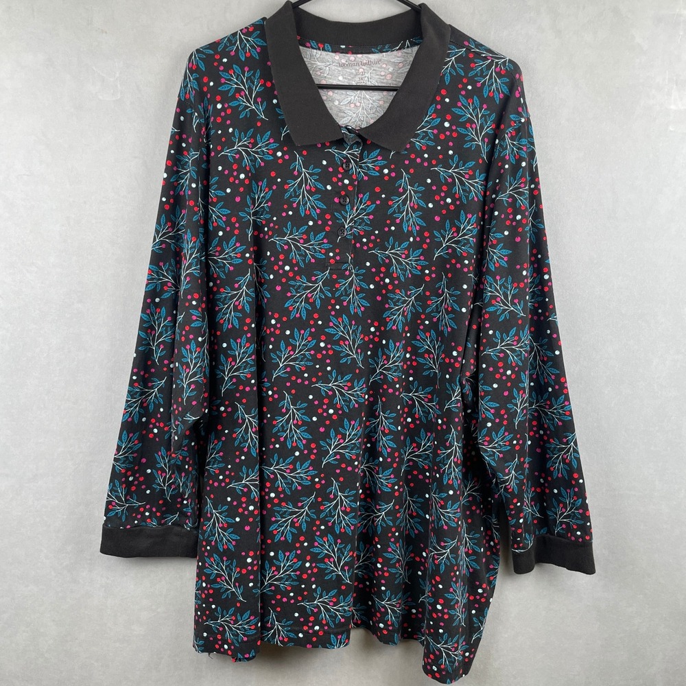 Woman Within 3X Polo Shirt Black Berry Festive Comfy Cotton Long Sleeve Plus Sz